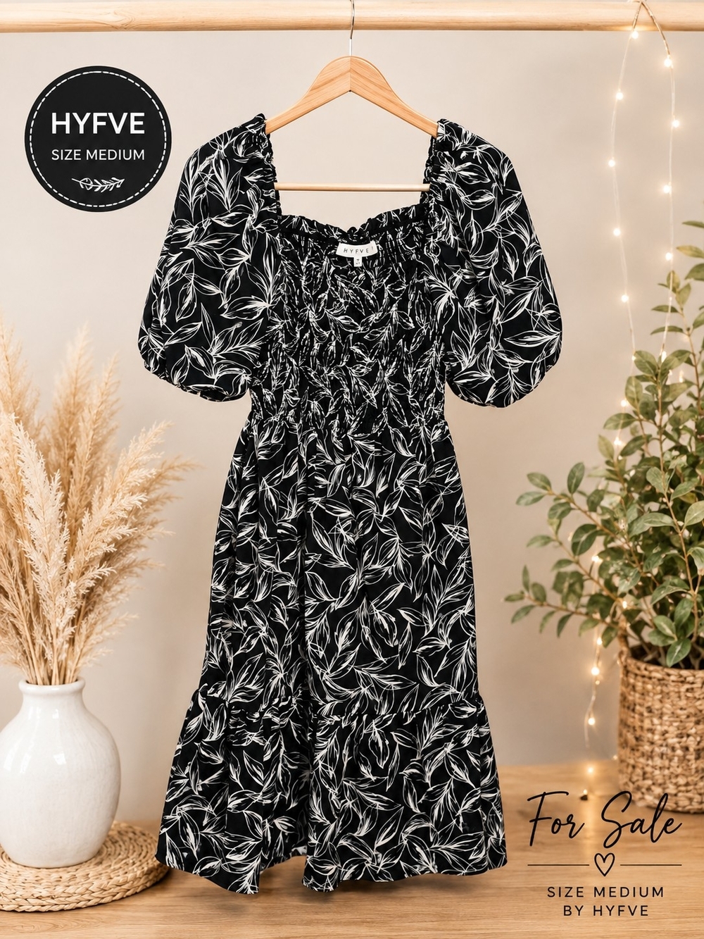 HYFVE Black and White Leaf-Print Smocked Midi Dress